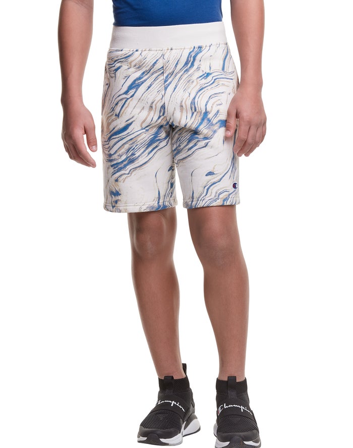 Champion Boys Shorts NZ - Reverse Weave Fleece Marble Dye Print White/Blue ( 9851-TCAGV )